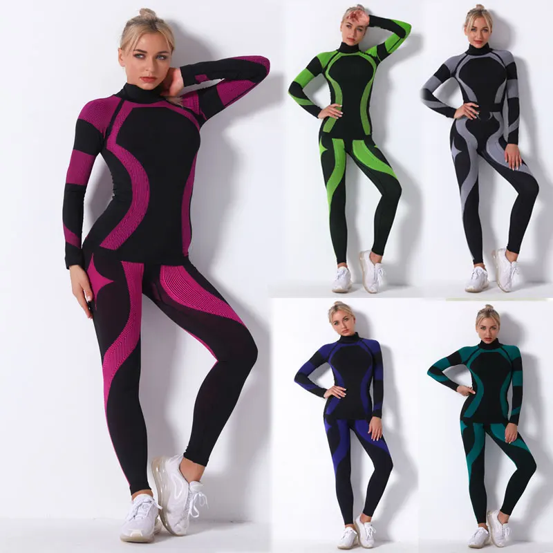 

Women's Seamless Splicing Gym Yoga Set Tracksuit Long Sleeve Crop Top Fitness Leggings Sportswear 2 Piece Cyling Jogging Suit
