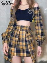 Sylcue Youth Stitching Contrast Color Plaid Beautiful Wild One-Line Collar Long-Sleeved Short Top With A-Line Skirt 2 Two-Piece 
Sylcue Youth Stitching Contrast Color Plaid Beautiful Wild One-Line Collar Long-Sleeved Short Top With A-Line Skirt 2 Two-Piece