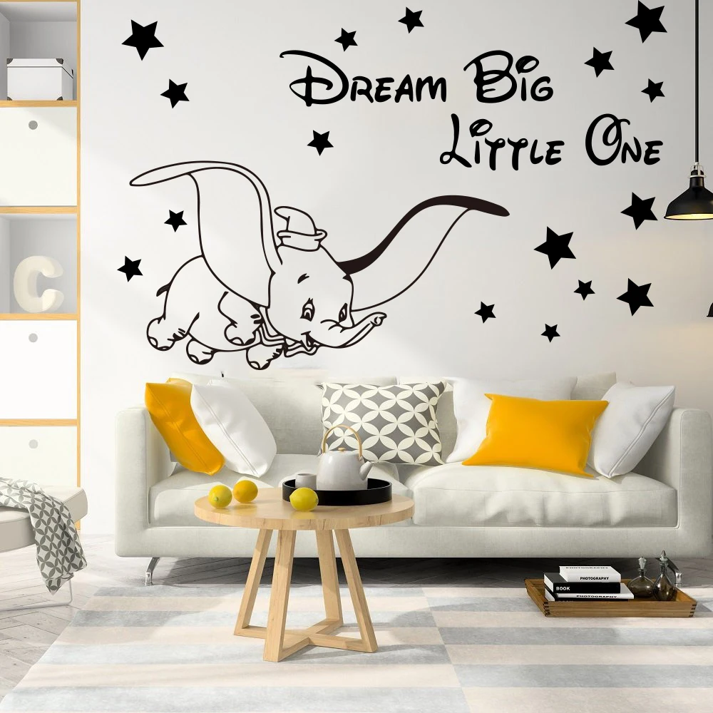 Cartoon Dream Big Little One Fly Dumbo Elephant Wall Decal Kids Room Dumbo Animal Elephant Inspirational Quote Wall Sticker (3)
