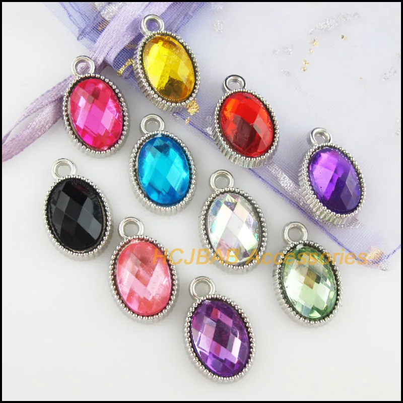 

20Pcs Dull Silver Plated Mixed Acrylic Ellipse Oval Charms Pendants 13x21mm