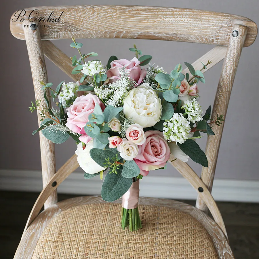 Пиорхидея винтажный пыльный розовый свадебный букет для невесты из роз и пионов