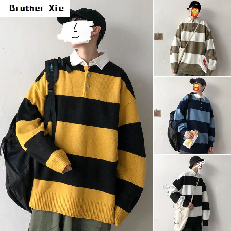 Winter Striped Sweater Men's Fashion Contrast Color Casual Knit Pullover Man Wild Loose Long-sleeved Lapel Sweater Male Clothes
Winter Striped Sweater Men's Fashion Contrast Color Casual Knit Pullover Man Wild Loose Long-sleeved Lapel Sweater Male Clothes