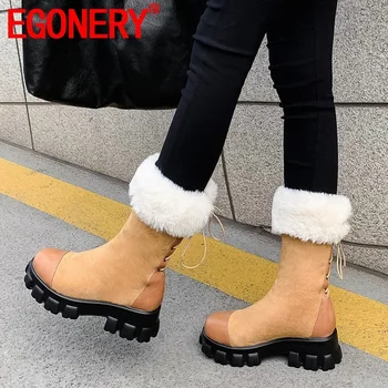 

EGONERY winter new fashion mid calf boots outside comfortable round toe cross-tied flock women shoes drop shipping size 32-45