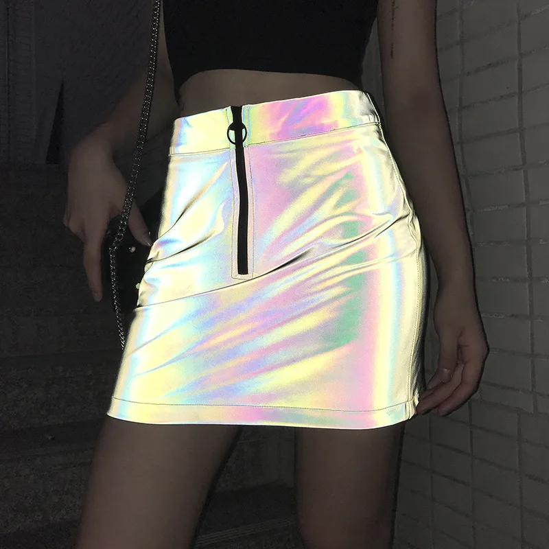 Fashion Rainbow Reflective Skirts Women High Waist Mini Skirts Front Half Hoop Zipper Ladies Glitter Short Pencil Skirts Shinny
Fashion Rainbow Reflective Skirts Women High Waist Mini Skirts Front Half Hoop Zipper Ladies Glitter Short Pencil Skirts Shinny