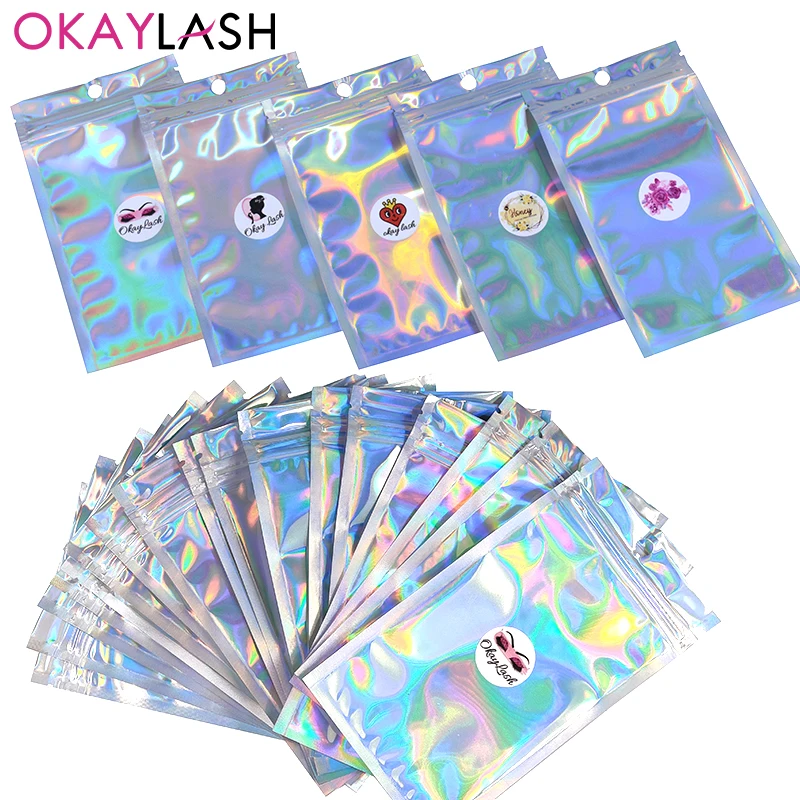 

OKAYLASH Custom Label Wholesale 100/50pcs Empty Holigraphic Eyelash Packaging Bag Faux Lashes Neon Packing Storage Box in Bulk