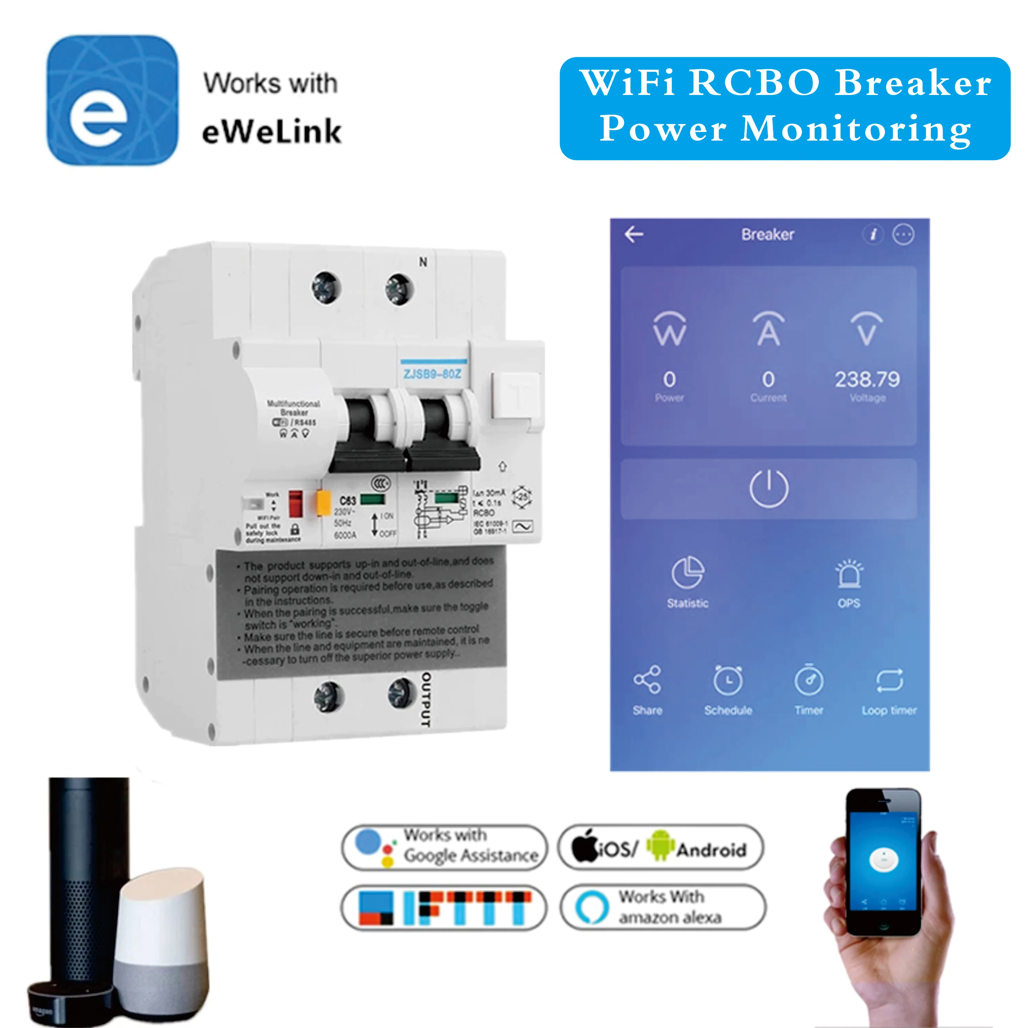 Smart RCBO Circuit Breaker 2P WiFi MCB eWelink Wireless Control Energy Monitoring Leakage Current Protection Alexa Compatible
Smart RCBO Circuit Breaker 2P WiFi MCB eWelink Wireless Control Energy Monitoring Leakage Current Protection Alexa Compatible