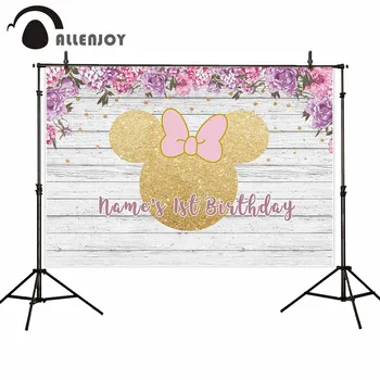 Allenjoy 1st Birthday Backdrops Golden Mouse Bow Flowers Wooden Floor Background Baby Shower Children's Day Party Decoration 
Allenjoy 1st Birthday Backdrops Golden Mouse Bow Flowers Wooden Floor Background Baby Shower Children's Day Party Decoration