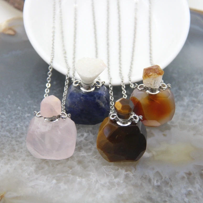 Natural Quartz Agates/TigerEye/Sodalite Cut Faceted Perfume Bottle Pendant Rose Crystals Essential Oil Diffuser Necklace Jewelry
Natural Quartz Agates/TigerEye/Sodalite Cut Faceted Perfume Bottle Pendant Rose Crystals Essential Oil Diffuser Necklace Jewelry