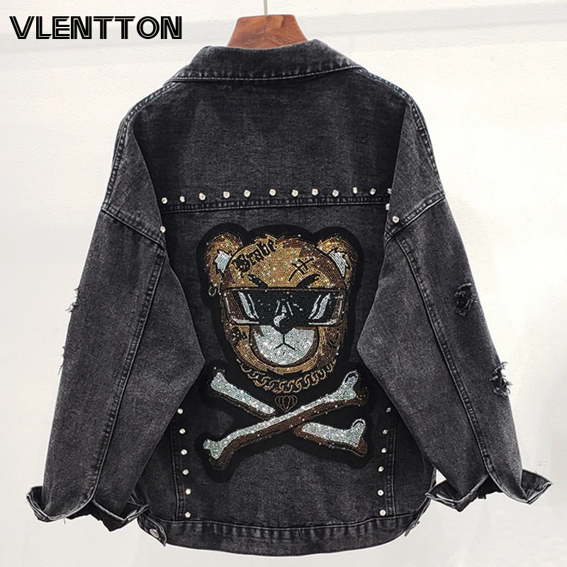 2020 Spring Autumn Black High Street Hole Animal Diamonds Jeans Jackets Woman Loose Denim Coat Female Tops Jaqueta Feminina
2020 Spring Autumn Black High Street Hole Animal Diamonds Jeans Jackets Woman Loose Denim Coat Female Tops Jaqueta Feminina