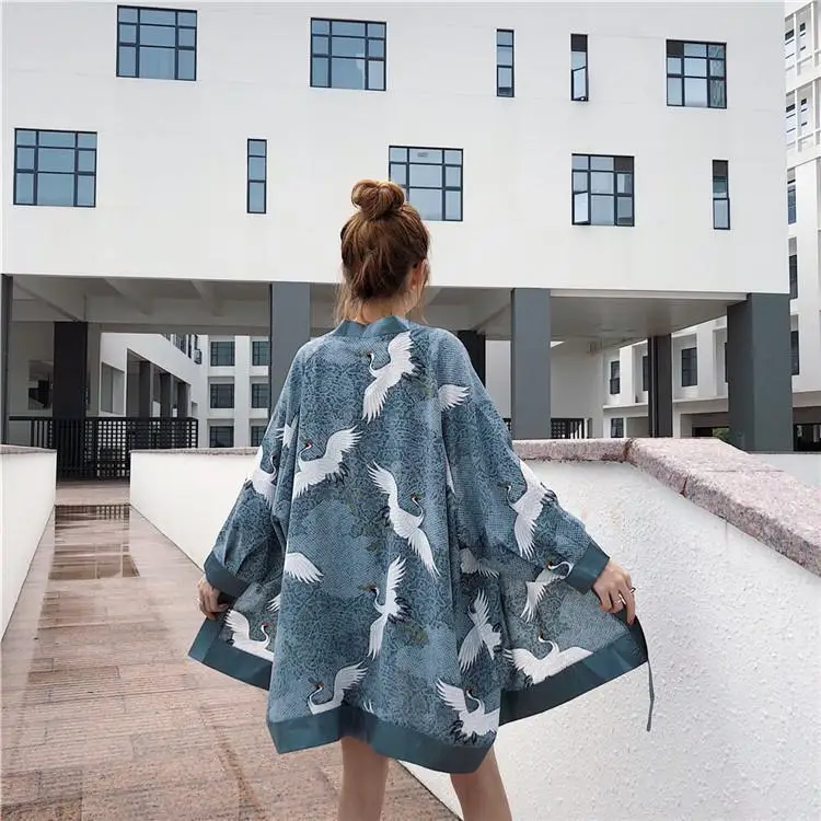 

Summer Harajuku Shirt Robe Kimono Japanese Crane Print Long Yukata Jacket Men Women Sunscreen Cardigan Thin Loose Haori Geisha