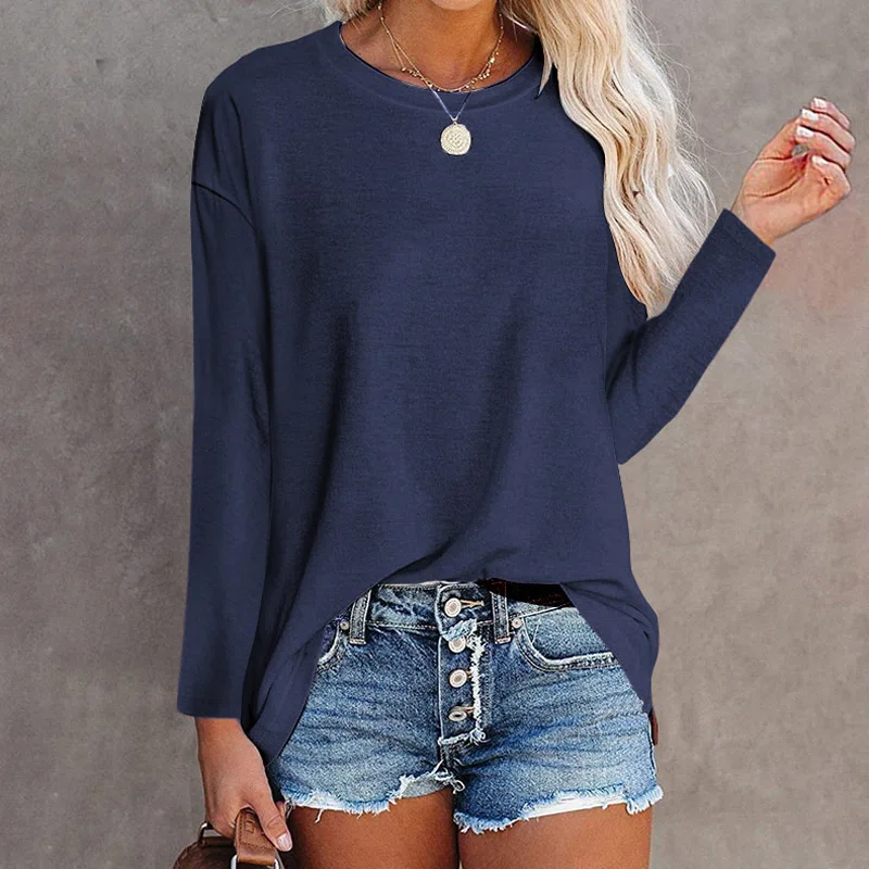 2021 Fashion Long Sleeve Solid Color Women T-Shirt Loose Elegant Casual Top O-neck Oversized Female Clothes Tees Mujer Camiseta | Женская
