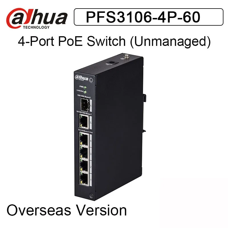 Dahua PFS3106-4P-60 4-Port PoE Switch Unmanaged Support IEEE802.3af IEEE802.3at DH-PFS3106-4P-60 Two-layer industrial PoE switch
Dahua PFS3106-4P-60 4-Port PoE Switch Unmanaged Support IEEE802.3af IEEE802.3at DH-PFS3106-4P-60 Two-layer industrial PoE switch