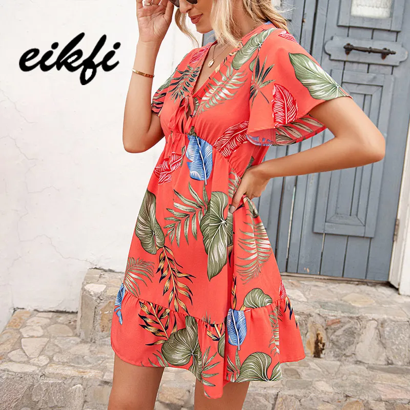 

EIKFI Floral Print Front Bandage Women Dress 2021 Summer Ladies Deep V Neck Short Sleeve High Waist Casual Boho Short Dress New