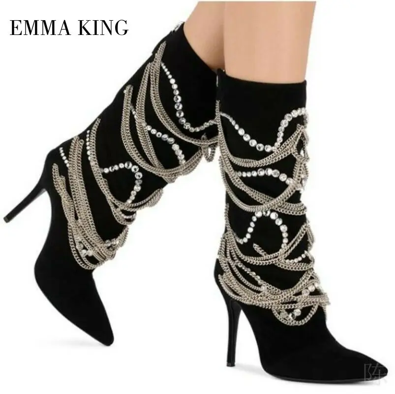 Women Mid-Calf Boots Diamond Chain Pointy Toe High Heels Boots Women Autumn Winter Rider Boots Stiletto Heels Runway Women Shoes 
Women Mid-Calf Boots Diamond Chain Pointy Toe High Heels Boots Women Autumn Winter Rider Boots Stiletto Heels Runway Women Shoes