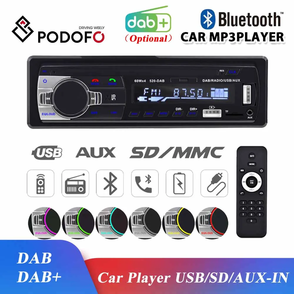 Podofo Dab Автомагнитола стереофонический радиоприемник FM Aux Вход SD USB JSD-520 12 В в-тире