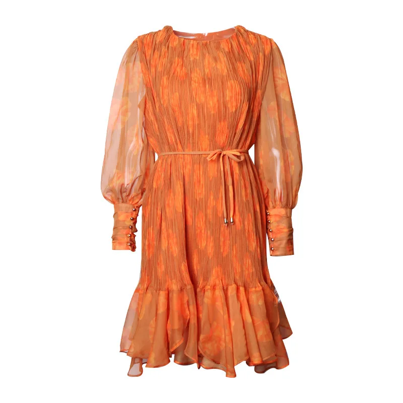 New vogue of fund of autumn round collar hubble bubble sleeve printed ruffled hem lace up dress is female
New vogue of fund of autumn round collar hubble bubble sleeve printed ruffled hem lace up dress is female