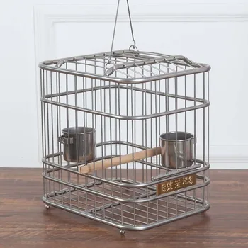 

22X16X19CM Square Stainless Steel Bird Cage With Feeder Wood Perch Parrot Bathing Cage Bird Carrying Case Pet Carrier bird house