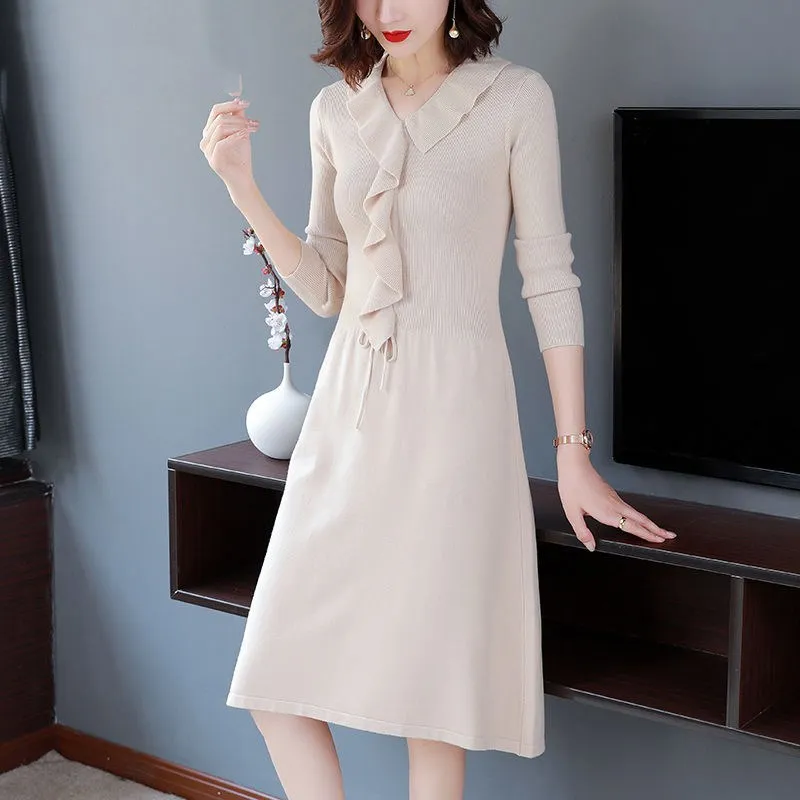 Wool knitted Dress Women Autumn Winter Mid-Long Big Size Sweater Bottoming Shirt Mother Ladies v-neck Long sleeve Ruffle Dresses
Wool knitted Dress Women Autumn Winter Mid-Long Big Size Sweater Bottoming Shirt Mother Ladies v-neck Long sleeve Ruffle Dresses