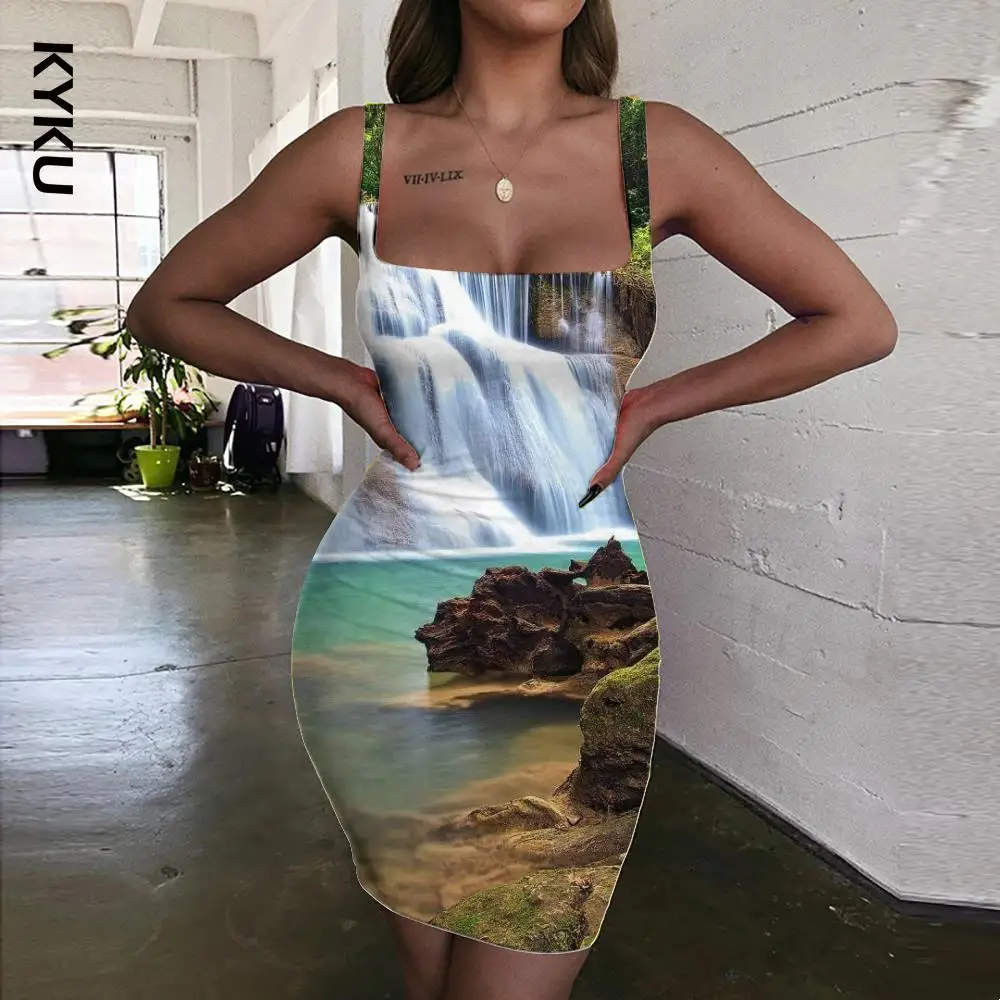 

KYKU Landscape Dress Women Fall Sundress Forest Bodycon Dress Harajuku 3d Print Womens Clothing Party Beach Beach High Quality