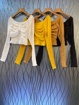 2020 Early Autumn New Bertha Chest Wrinkle Knot Stitching Solid Color Long Sleeve All-match Short Shirt 813 
2020 Early Autumn New Bertha Chest Wrinkle Knot Stitching Solid Color Long Sleeve All-match Short Shirt 813