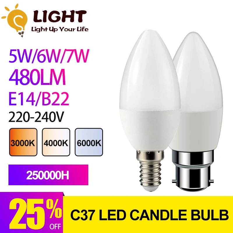 

1 Piece C37 5W 6W 7W E14 B22 220V-240V 3000K 4000K 6000K LED Candle Bulb For Home Decoration Led Lamp Home Decoration