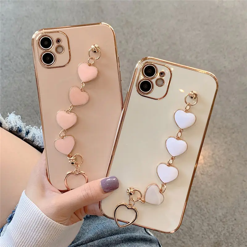 Luxury Gold Plated Electroplated Heart Bracelet Hand Strap Holder Cover for iPhone 11 Pro Max XR X XS 7 8 Plus SE 20