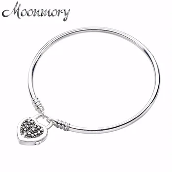 

Moonmory Authentic 100% 925 Sterling Silver Flourishing Hearts Padlock Bangles Family Tree For Women Vintage Mother's Day Gift