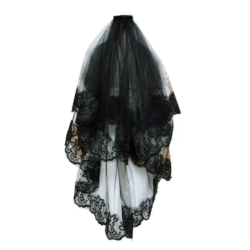 

One-Layer Women Girl Black Mantilla Wedding Veil Embroidery Floral Lace Trim Halloween Cosplay Costume Sheer Hair Accessories