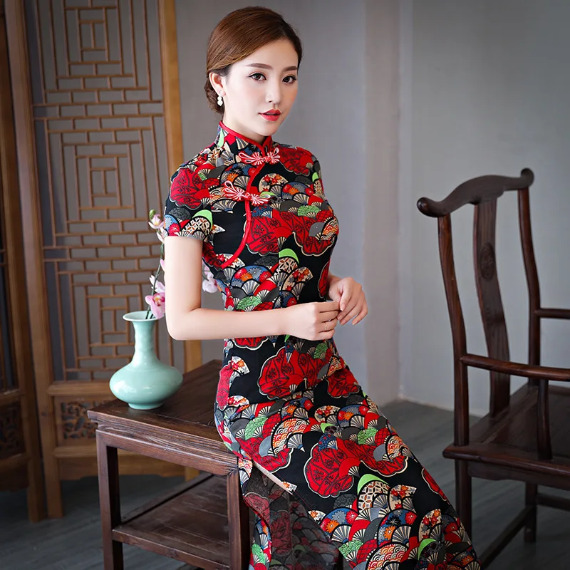 

Women New Flower Printing Satin Long Fork Qipao Oriental Bride Wedding Dress Retro Mandarin Collar Slim Cheongsam Novelty