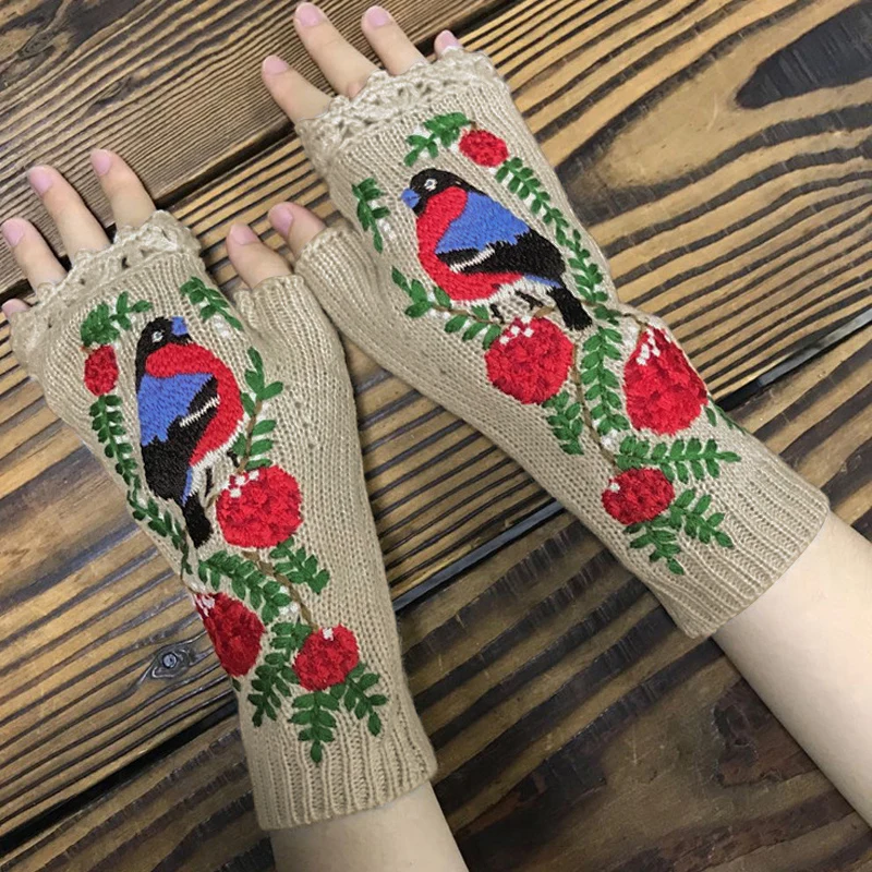 

Autumn And Winter New Women'S Knitted Embroidered Birdie Extended Warmth Adult Woolen Gloves Women Fashion Glove Outdoor Warm