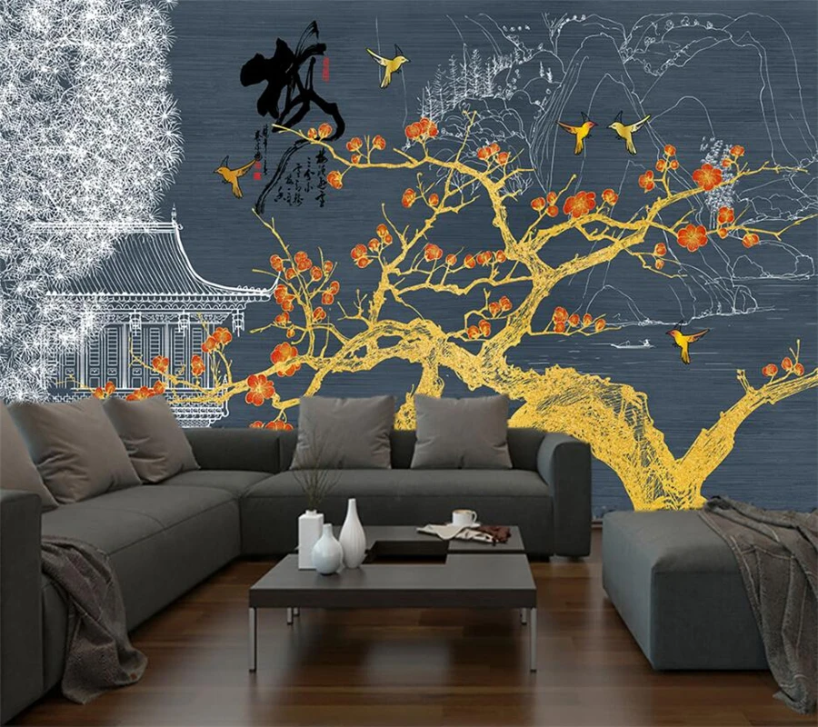 Custom wallpaper 3d new Chinese golden line drawing landscape plum blossom national tide building TV background wall decoration
Custom wallpaper 3d new Chinese golden line drawing landscape plum blossom national tide building TV background wall decoration