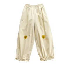 Harajuku Borduurwerk Bloem Bijgesneden Broek Vrouwen Casual Losse Hoge Taille Hout Oorbeschermers Broek Pure Kleur Vrouwen Katoenen Broek(China)