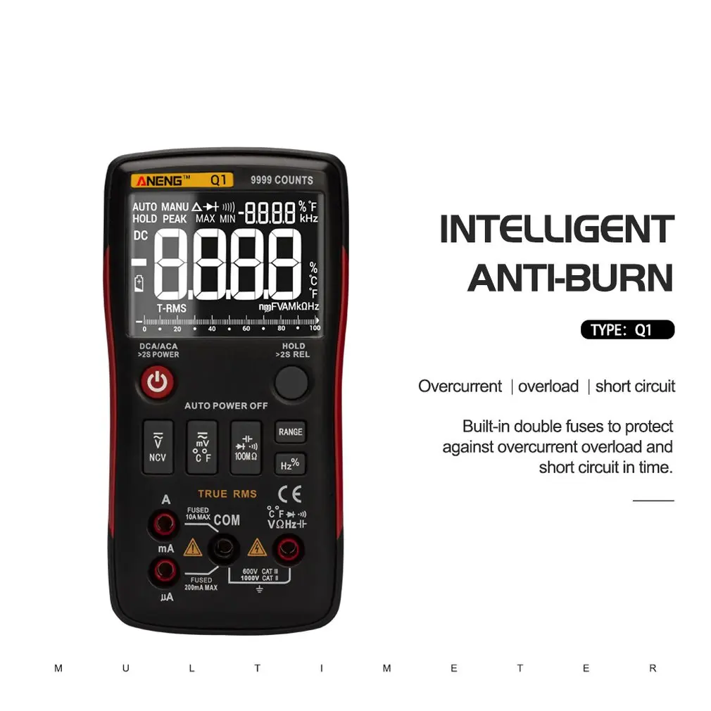 For Aneng Q1 Digital Multimeter 9999 Count Manual Range Ac Dc Voltage Amplifier Ohm Frequency Capacitance Temperature Tester
For Aneng Q1 Digital Multimeter 9999 Count Manual Range Ac Dc Voltage Amplifier Ohm Frequency Capacitance Temperature Tester