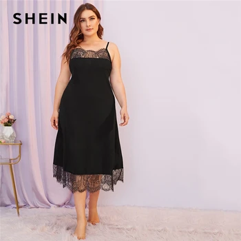 

SHEIN Plus Size Contrast Lace Spaghetti Strap Night Dresses Women Nightwear 2019 Autumn Solid Scallop Hem Sexy Cami Sleepwear