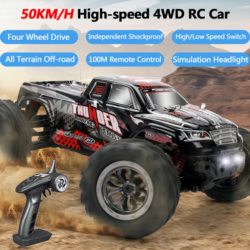 

4WD 50KM/H High-speed Racing Drifting Car Off-road Speed Swith Independet Shockproof Anti-skid Tire HeadLight 100M RC Buggy Toys