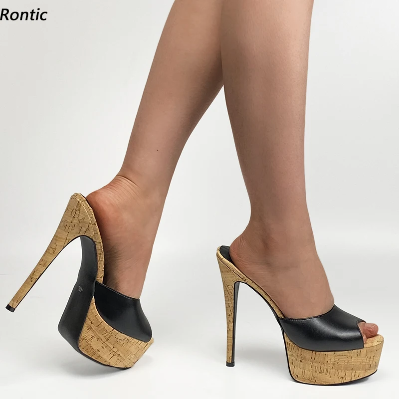 

Rontic Handmade Women Platform Mules Sandals Unisex Cork Pattern Stiletto Heels Peep Toe Elegant Black Dress Shoes US Size 5-20