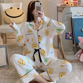 Women Cotton 2PCS Pajamas Suit Cute Smile Face Print Nightwear Turn-down Collar Shirt&Pant Home Wear Spring Autumn New Sleepwear
Women Cotton 2PCS Pajamas Suit Cute Smile Face Print Nightwear Turn-down Collar Shirt&Pant Home Wear Spring Autumn New Sleepwear