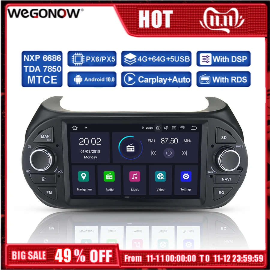 DSP PX6 IPS Android 10 4 Гб 64 ГБ Автомобильный dvd-плеер GPS карта Wifi RDS радио Bluetooth для Fiat Fiorino