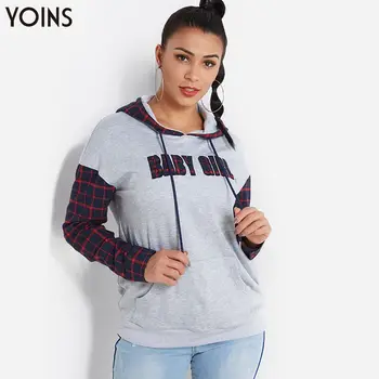 

YOINS 2020 Autumn Winter Women Hoodies Sweatshirts Hooded Design Letter Print Grid Plaid Long Sleeve Female Hoodie Pullovers