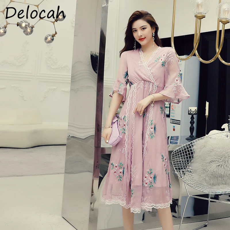 

Delocah Summer Women Fashion Runway A-Line Dress Flare Sleeve Embroidery Lace High Waist Ladies Party Midi Dresses vestidos 2020