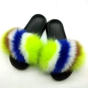 

Fashion Fox Fur Slippers Woman Fur Slides Furry Flip-flops Fluffy Sandals EVA Flat Shoes Non-slip Outdoor Open-toed Sandals Lady