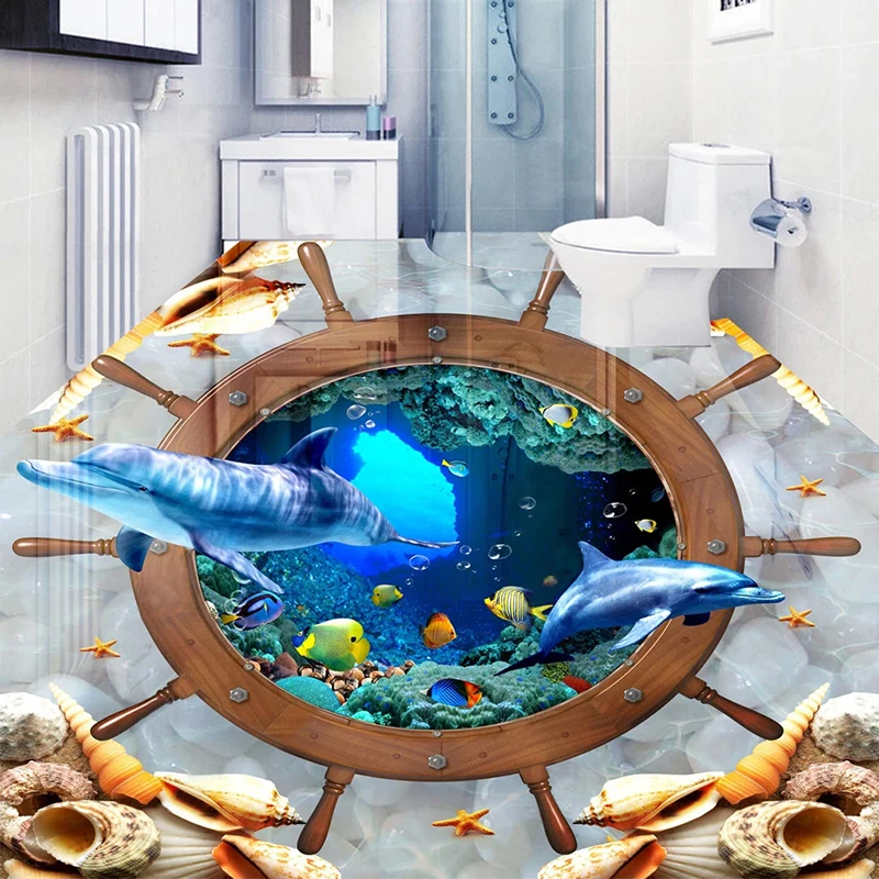 

Custom 3D Floor Sticker Underwater World Dolphin Photo Wallpaper Waterproof Self-adhesive Hotel Living Room Bathroom Floor Mural