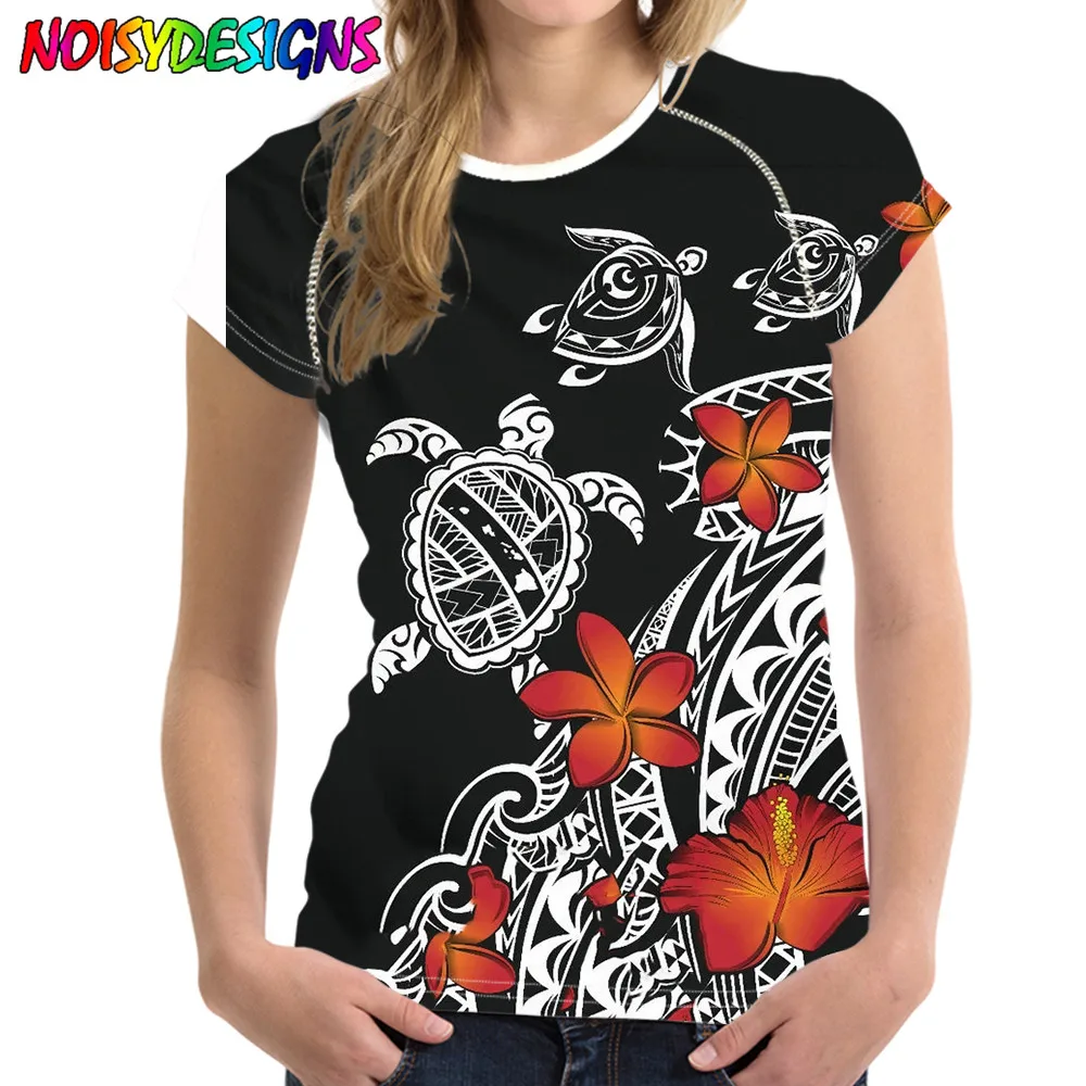 

NOISYDESIGNS 2021 Newest T-Shirt Summer Women's Short Sleeve Polynesian Hibiscus Plumeria Turtle Print Tees Shirt Tops Black