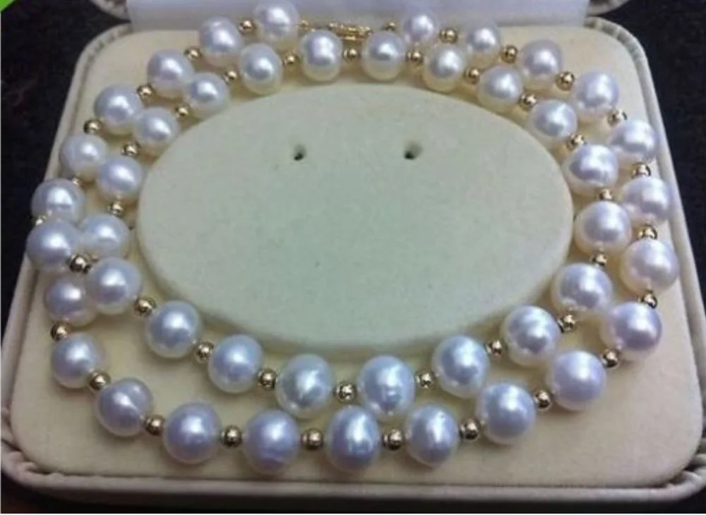 

REAL NOBLEST AAA+ 9-10MM AKOYA WHITE NATURAL PEARL NECKLACE 17-18" 925 GOLD CLASP