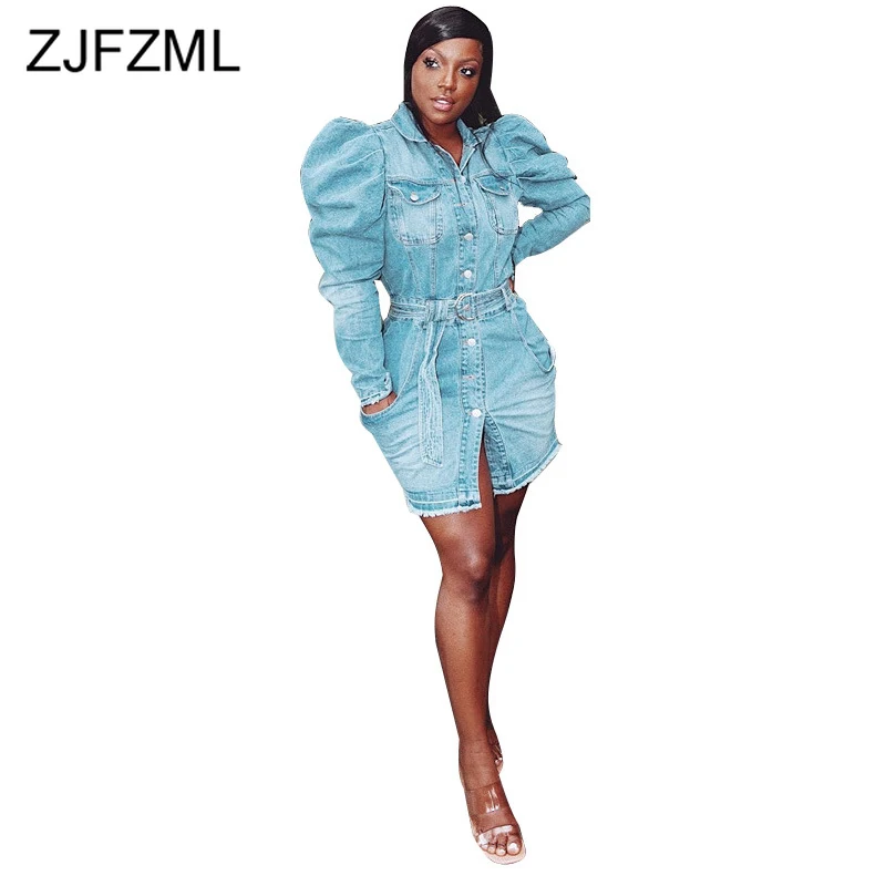 Autumn Winter Puff Sleeve Denim Dress Women Turn-Down Collar Buttons Belt Bodycon Mini Dresses Side Split Pockets Elegant Dress
Autumn Winter Puff Sleeve Denim Dress Women Turn-Down Collar Buttons Belt Bodycon Mini Dresses Side Split Pockets Elegant Dress
