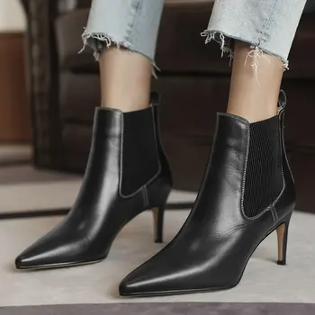 Women Genuine Leather Stiletto Heels Ankle Boots Pointed Toe Pull-on Spring Fall Fashion Sewing Party White Black Booties 2020 
Women Genuine Leather Stiletto Heels Ankle Boots Pointed Toe Pull-on Spring Fall Fashion Sewing Party White Black Booties 2020