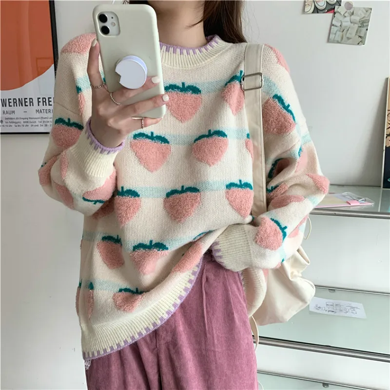 Strawberry Knit Sweater Women printed Pullover Long Sleeve Sweet Oversize Casual Thin Knitwear Female Autumn 2020 Korean Chic
Strawberry Knit Sweater Women printed Pullover Long Sleeve Sweet Oversize Casual Thin Knitwear Female Autumn 2020 Korean Chic