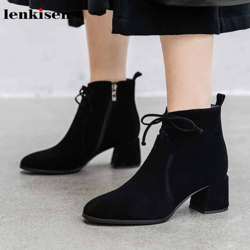 Lenkisen new breathable cow suede round toe high heels simple style lace up side Zipper winter keep warm women ankle boots L90
Lenkisen new breathable cow suede round toe high heels simple style lace up side Zipper winter keep warm women ankle boots L90