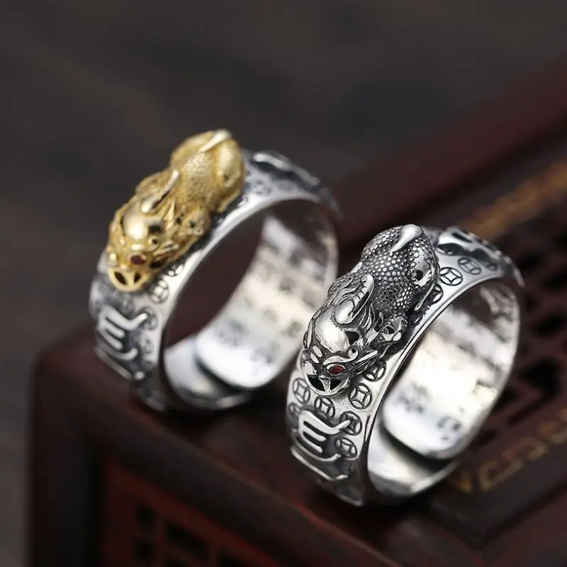 

100% 925 Silver Good Luck Pixiu Ring Tibetan Six Words Proverb Man Ring Wealth Pixiu Ring Lucky Jewelry