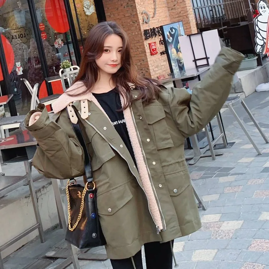 

Photo Shoot CHIC Khaki Handsome Stand Collar Short Loose-Fit Lambs Wool BF Laziness Thick Workwear Cotton Coat Women's
